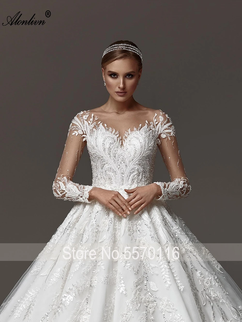 Alonlivn Abiti da sposa con scollo rotondo in pizzo con perline lucide Abiti da sposa con applicazioni di lusso con bottoni Abiti da sposa principessa