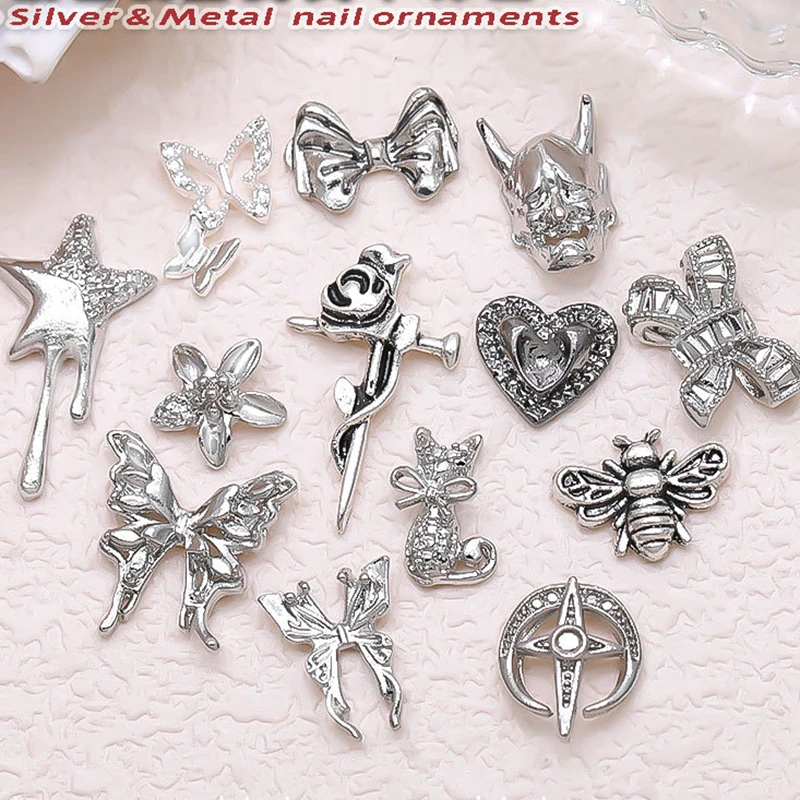 20PCS 3D Retro Antique Silver Nail Art Charms Buttrefly Bow Accessories Parts For Manicure Nails Decoration Supplies Materials