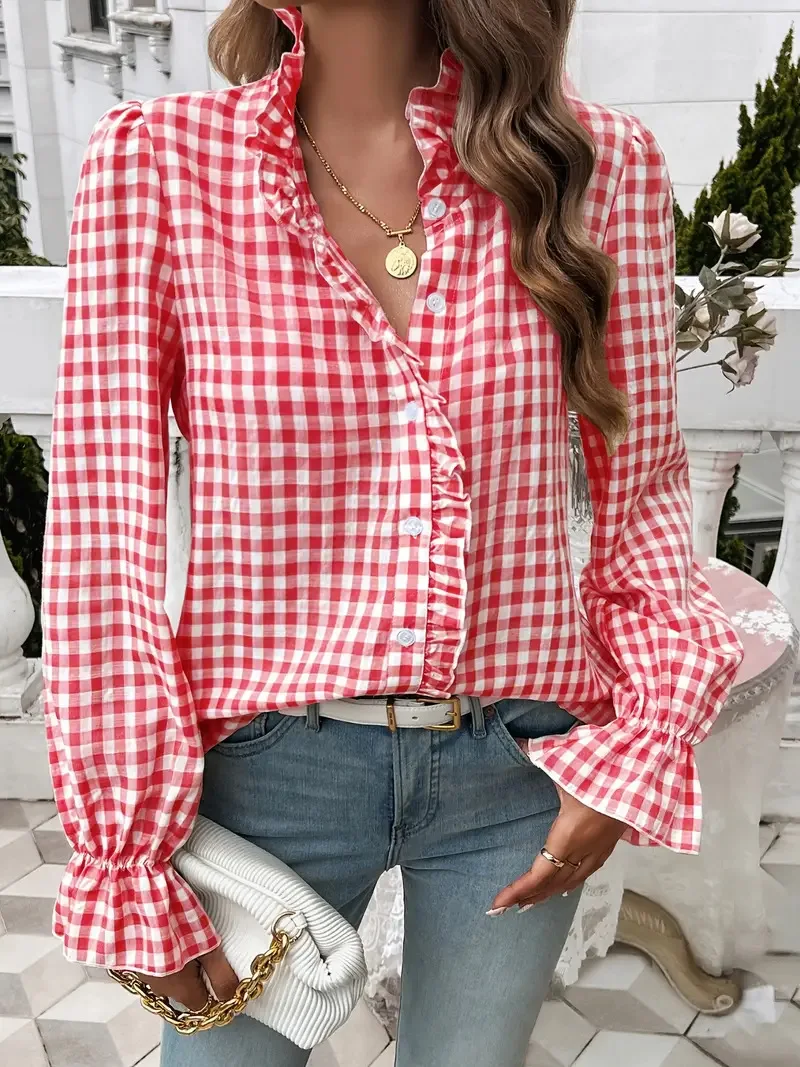 

Qx 2025 Autumn New Plaid V-neck Shirt Wood Ear V-neck Shirt Women's Shirt