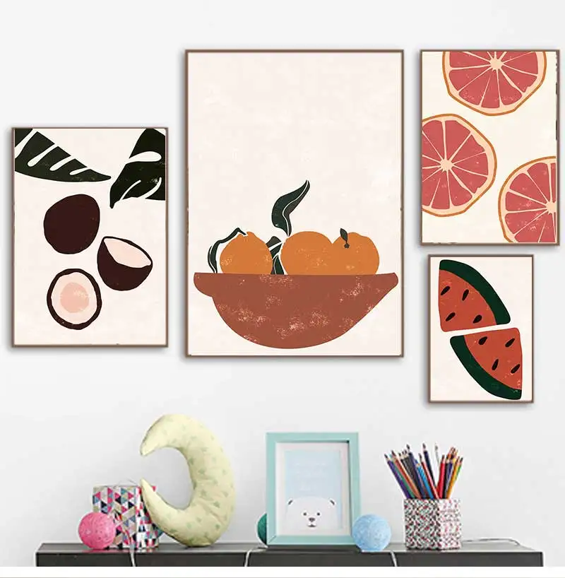 Boho Cartoon Funny Kitchen Food Fruits Banana Coconut Poster Canvas Painting Wall Art Pictures Club Bar Shop Restaurant Decor