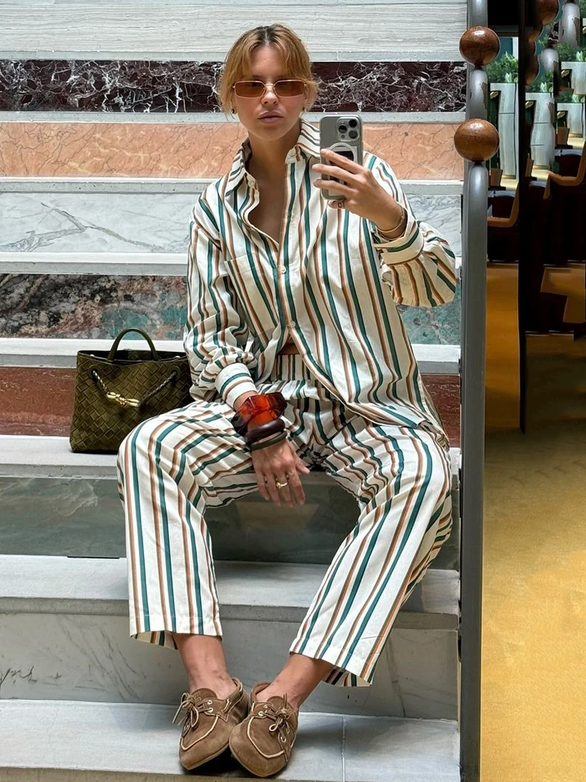 Marthaqiqi Striped Loose Women'S Nightwear Set Long Sleeve Nightgowns Turn-Down Collar Pajama Pants Casual Ladies Sleepwear Suit