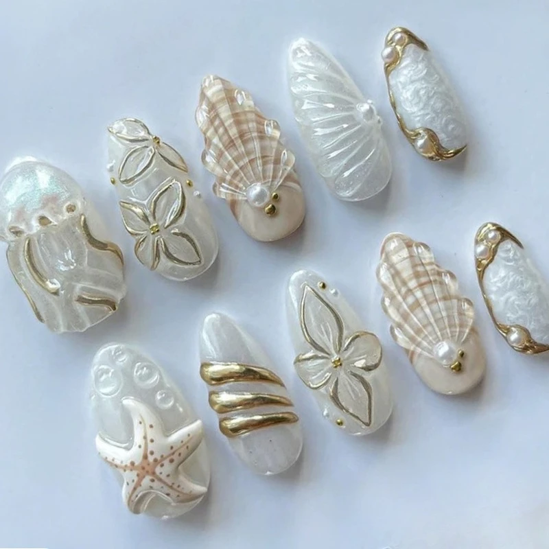 

24Pcs Blue Relief Flower False Nails Creative Summer Acryli Nail Short Almond Press on Nails Shell Ocean Pearl Fake Nails Art