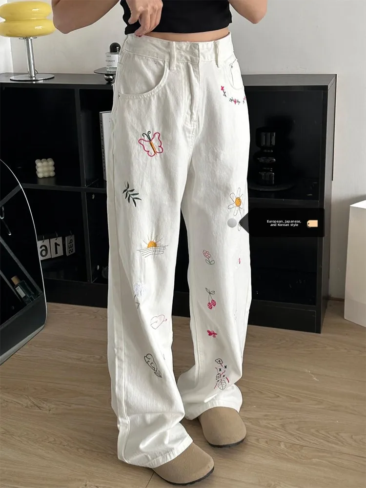 

High Waist Wide Leg Straight Jeans Women's Summer New Design Graffiti Embroidery Loose Fit Denim Pants Trendy White Large Size