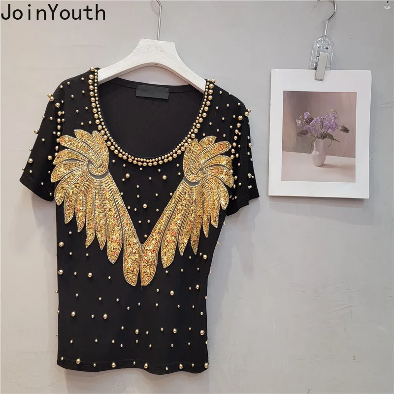 Fashion Heavy Beading T Shirts Women Diamond Casual Summer Tees 2024 Ropa Mmujer Y2k Tshirts O-neck Short Sleeve White T-shirt