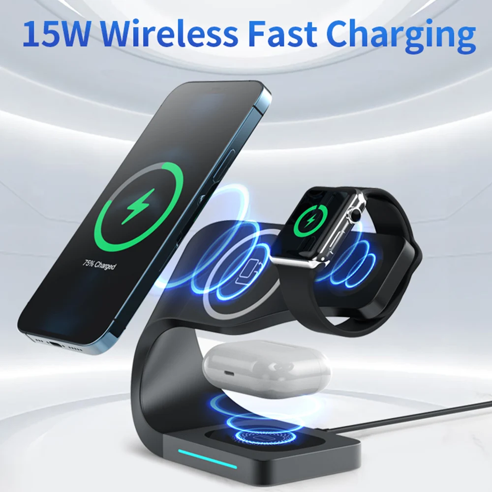 Magnetic Wireless Charger For iPhone 13 12 QI Wireless Charging Dock Station For Apple Watch 7 6 SE Airpods Pro With USB C Port