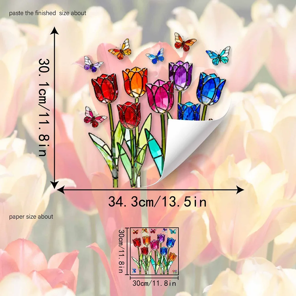 Nordic Style Stained Glass Tulip Window Static Cling Sticker, Window Decor for Bedroom Home