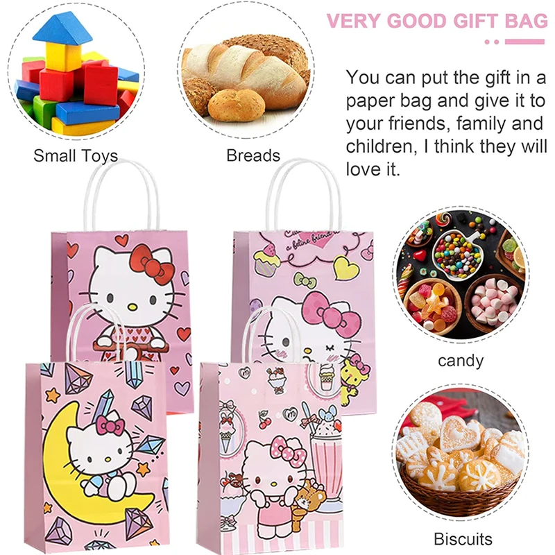 12pcs Hello Kitty Kraft Gift Bags with Handles Pink Kitty Themed Party Paper Favor Bag Baby Shower Kid Birthday Party Decoration