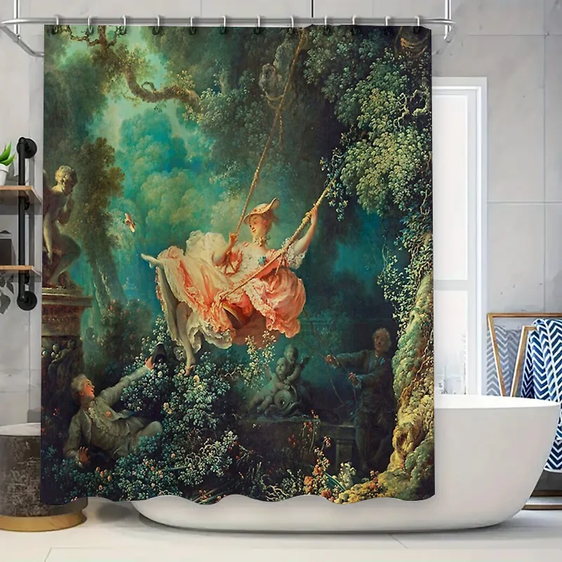 

French Rococo Portrait Shower Curtain Romantic Garden Scene Baroque Wall Art Decor Elegant Vintage Bathroom Curtains Home Decor