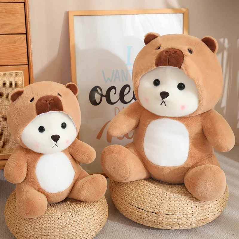 Brown Capybara White Bear Doll Plush Toy Stuffed Sitting Cartoon Aquatic Animal Soft Cosplay Plushie Peluche Hooded Kids Gift