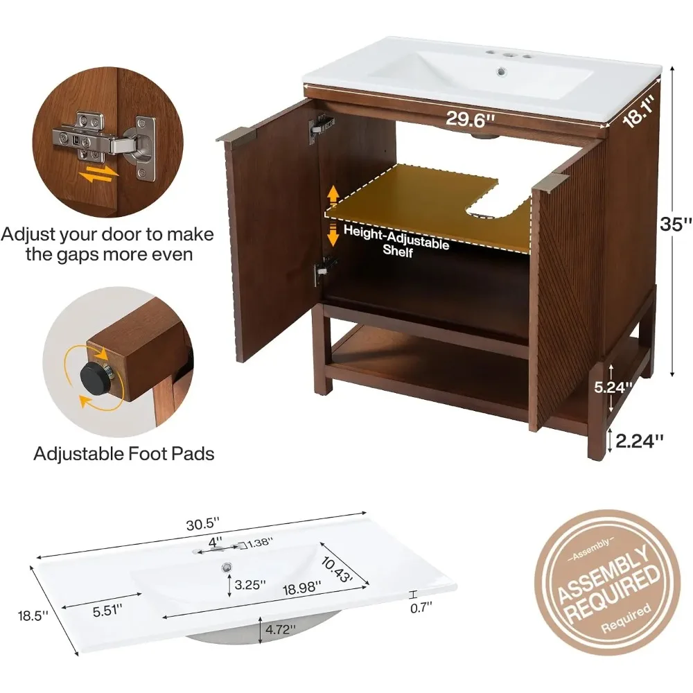 30 Inch Bathroom Vanity with Sink, Farmhouse Fluted Design Door & Open Shelf, Freestanding Bath Storage Cabinet, Solid Wood