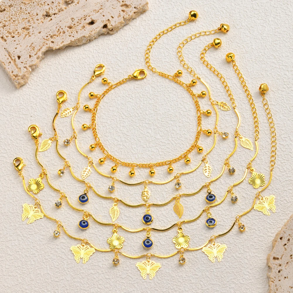 Boho Gold Color Ankle Bracelets for Women Evil Eye Butterfly Flower Leaf Zircon Charm Anklets Summer Beach Jewelry Accessory
