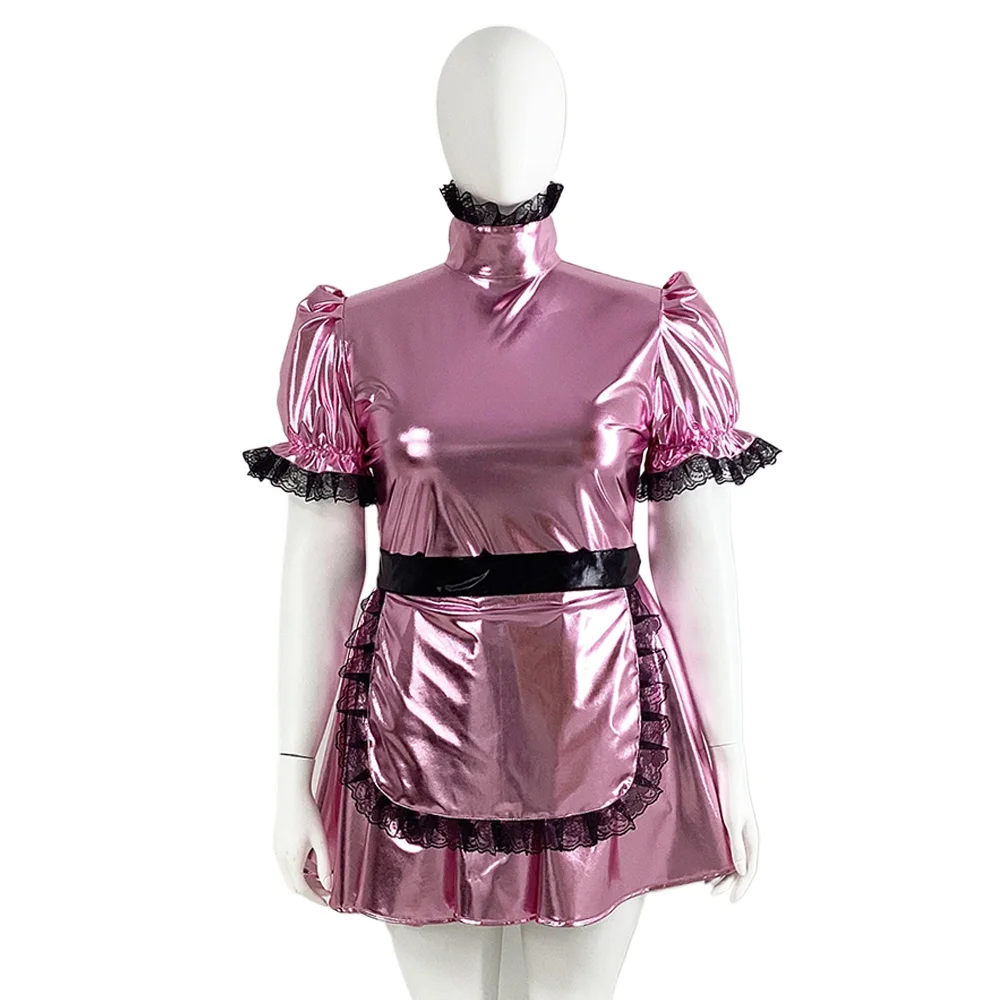 Shiny Metallic Patent Leather Turtleneck Short Puff Sleeve Frilly Dress Lockable French Maid Swing Mini Dress Cosplay Costume