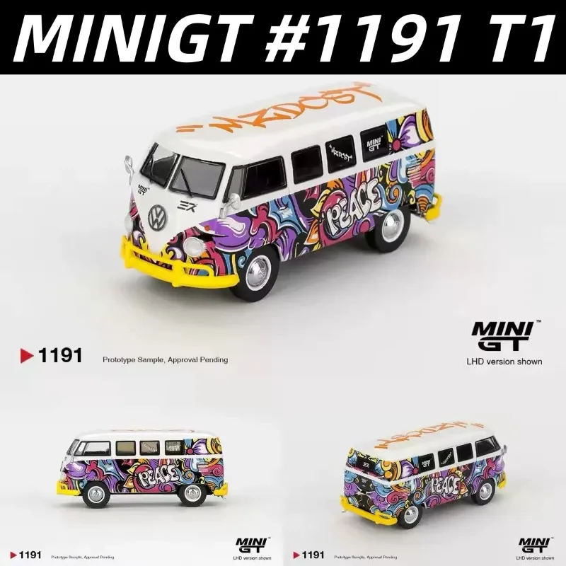 在庫あり-1-64-minigt-1191-t1バス、紫色の花柄の車両、合金製モデルカー、卓上装飾品、男の子向けのおもちゃ、誕生日プレゼント。