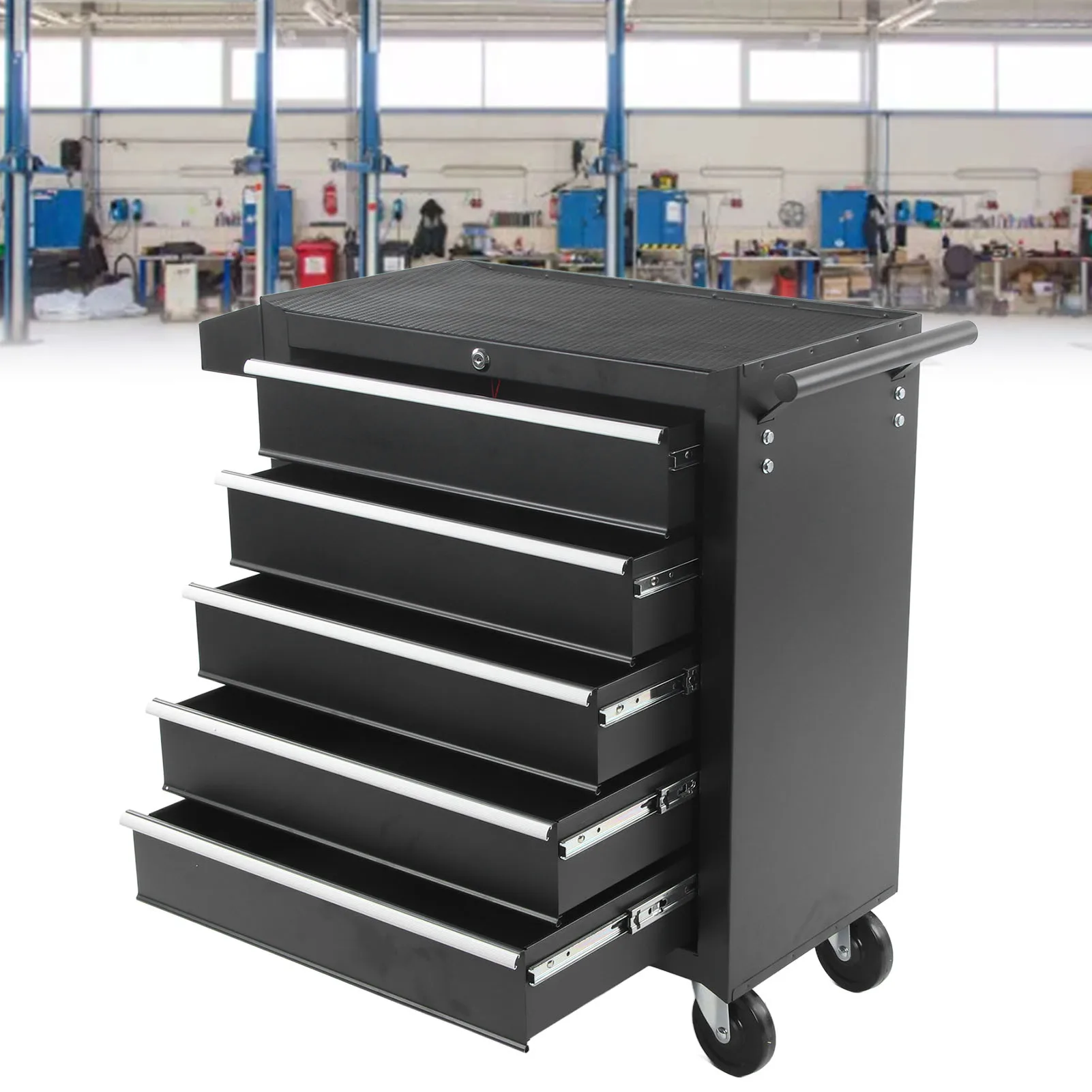 Black 5 Drawer Hand Push Tool Trolley Cart Smooth Slip Internal Locking System Tool Cabinet for Garage