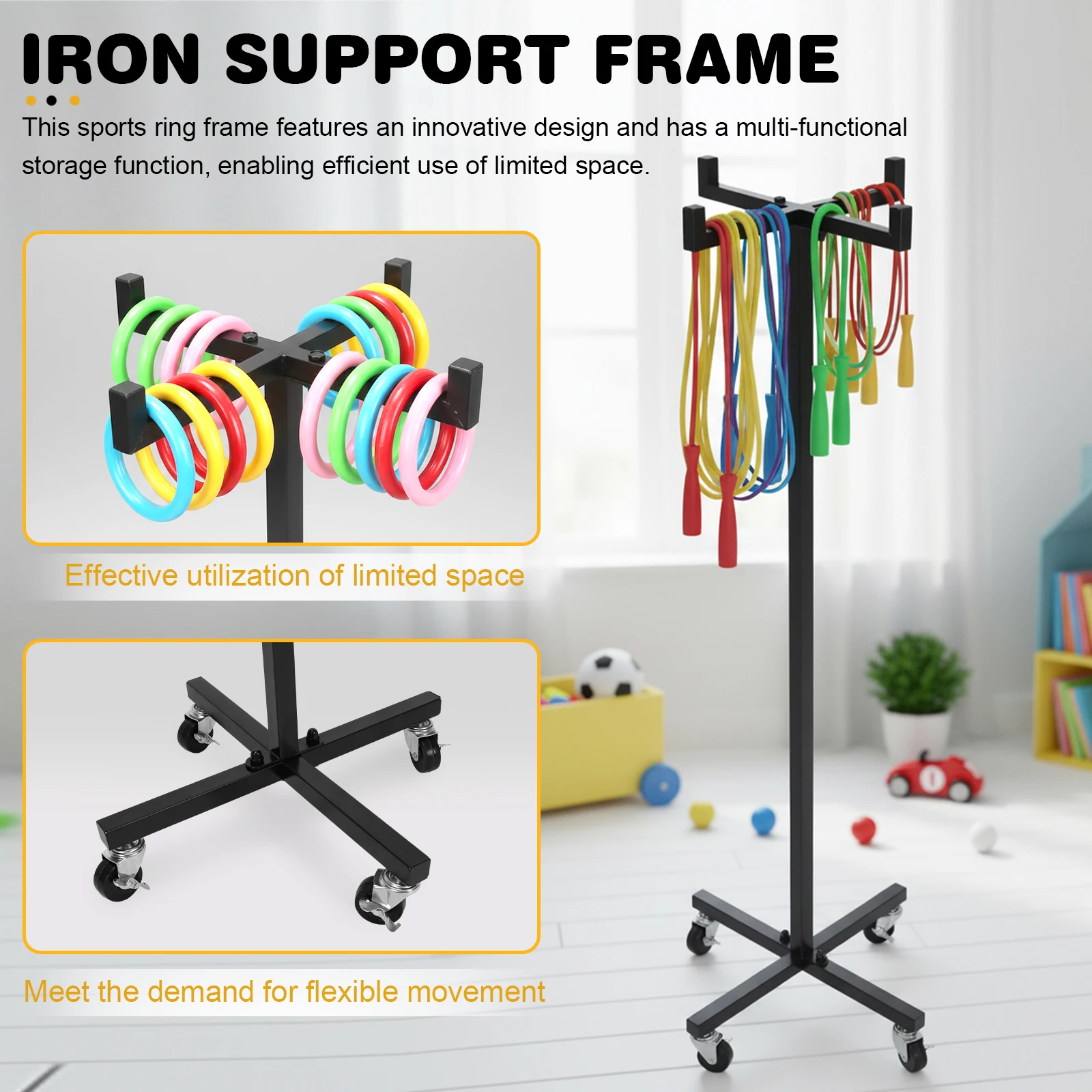 

Металлическая мобильная стойка для скакалок и гимнастических обручей на 4 колесах с колесиками, высота 120 см/46,8 дюйма, оборудование для детского сада
