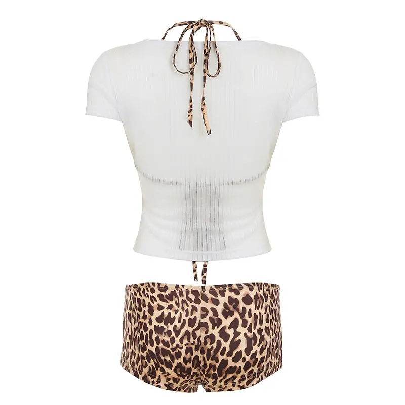 Amerikanisches Retro-Damen-Spaghetti-Träger + T-Shirt + Shorts mit Leopardenmuster, schmale Passform, dreiteiliges Set für würziges Mädchen im Y2K-Mennium-Stil