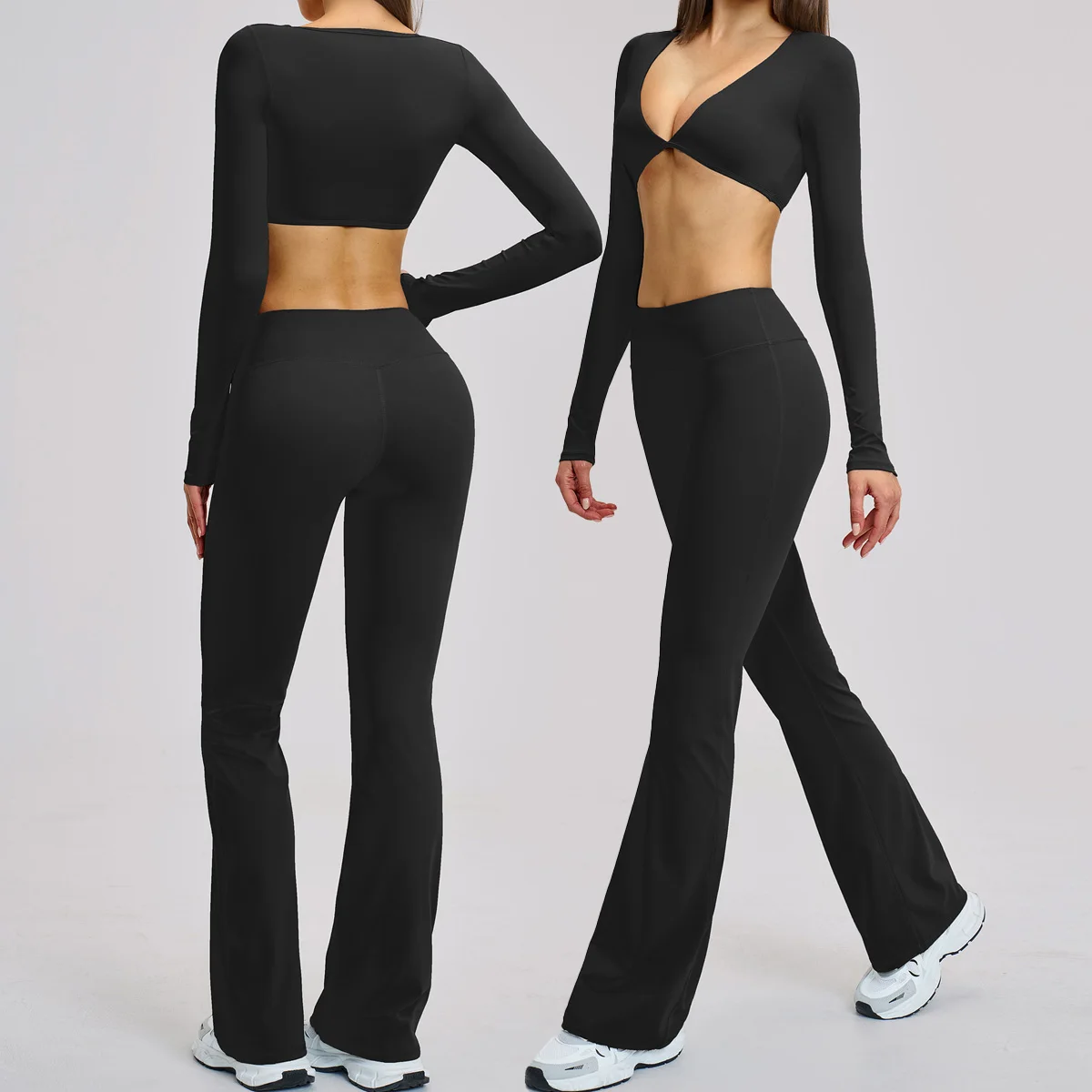 Yoga Suit Sports Set Gym High Impact Fitness Long sleeve Crop Top with chest padding Women's High Waist Outdoors Flared pants