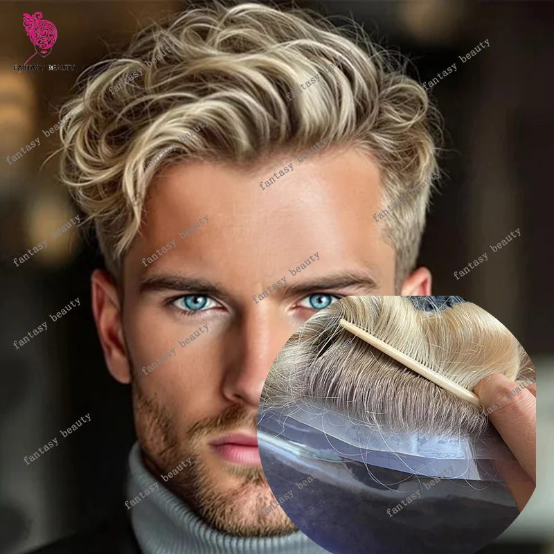 

Undetectable 4T613# Ombre Blonde Ultra Thin Skin 0.06mm Men Toupee Natural Hairline 100% Human Hair Grey Hair Replacement System