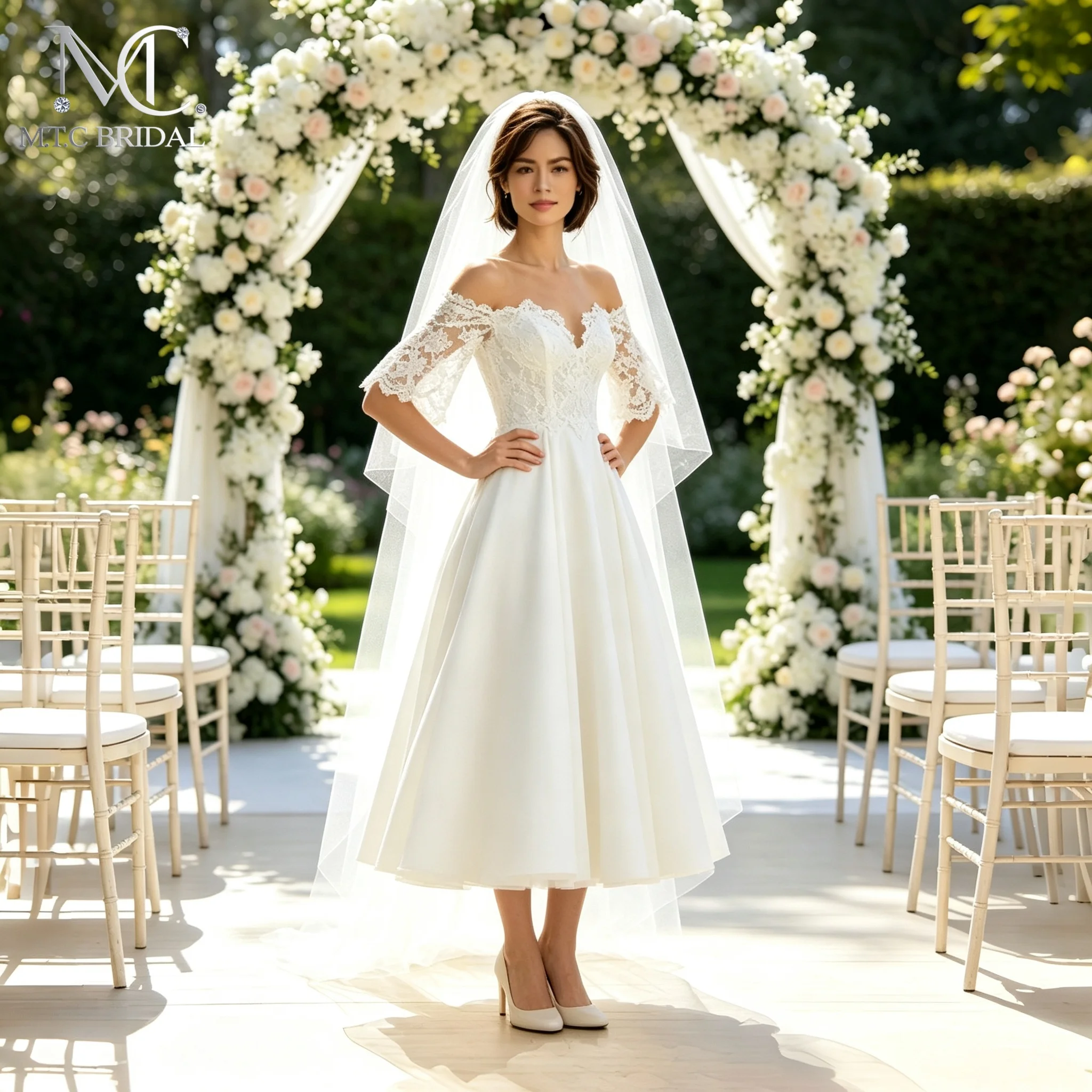 Vintage Short Wedding Dress Off‑Shoulder Lace Sleeves Tea‑Length Satin A‑Line Corset Back Bridal Gown For Outdoor Wedding