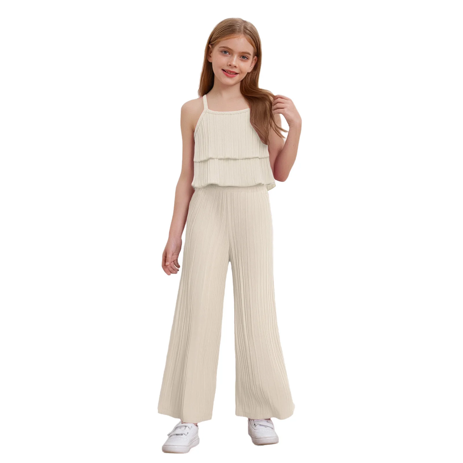 

Kids Girls Summer Casual Clothing Outfit Striped Texture Sleeveless Spaghetti Straps Ruffled Top with Wide-Leg Pants Beachwear