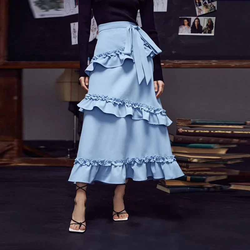 

Light Sky Blue Ruffles Skirts Tiered A Line Women Saias Girls Wedding Guest Party Gowns Mid-Calf Satin Skirt For Lady