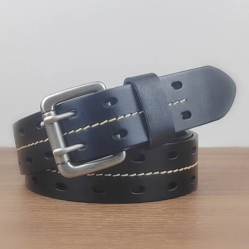 2024 New Men's Genuine Leather Double Needle Buckle Pants Belt For Leisure Men's And Women's Outdoor Training Brand Cowhide Belt