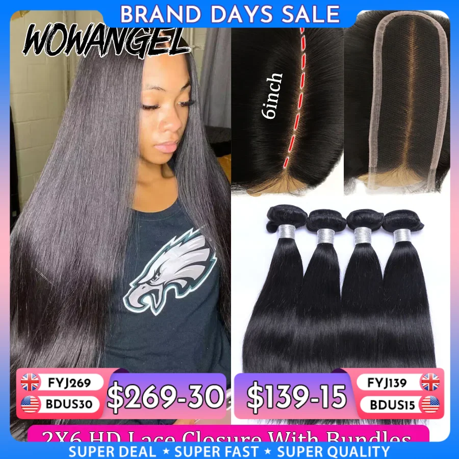 Wow Angel 2x6 HD Lace Closure with Bundles Human Hair Deep Parting Melt Skins 30 32inch Brazilian Straight Hair Extensions