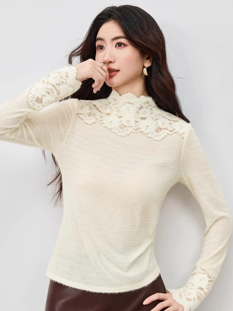 SENTUBILA Damen-Pullover mit eleganter Spitze, 2025, Herbst, solide Oberteile, lässig, Pendeln, Stehkragen, Langarm-Pullover 154SA4036