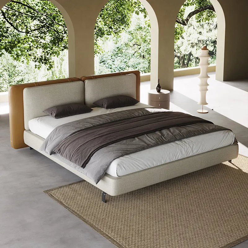 

#% Bed Double Pine Wood Frame Genuine Leather Upholstered Modern Italian Minimalist Soft Cushion Platform Bed Customizable CY109