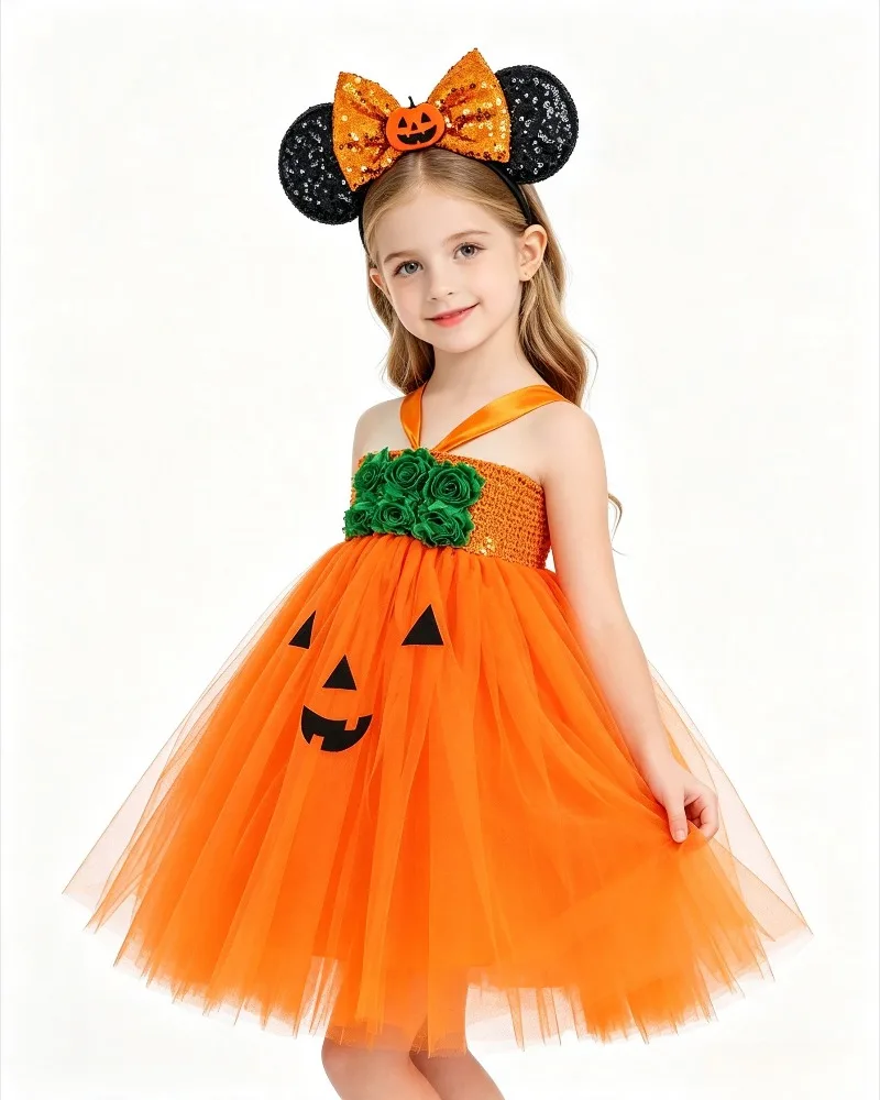 Halloween Tutu Dress Girls Orange Pumpkin with Headband for Carnival New Year Party Disguise Outfit Casual Dress For Festivals
