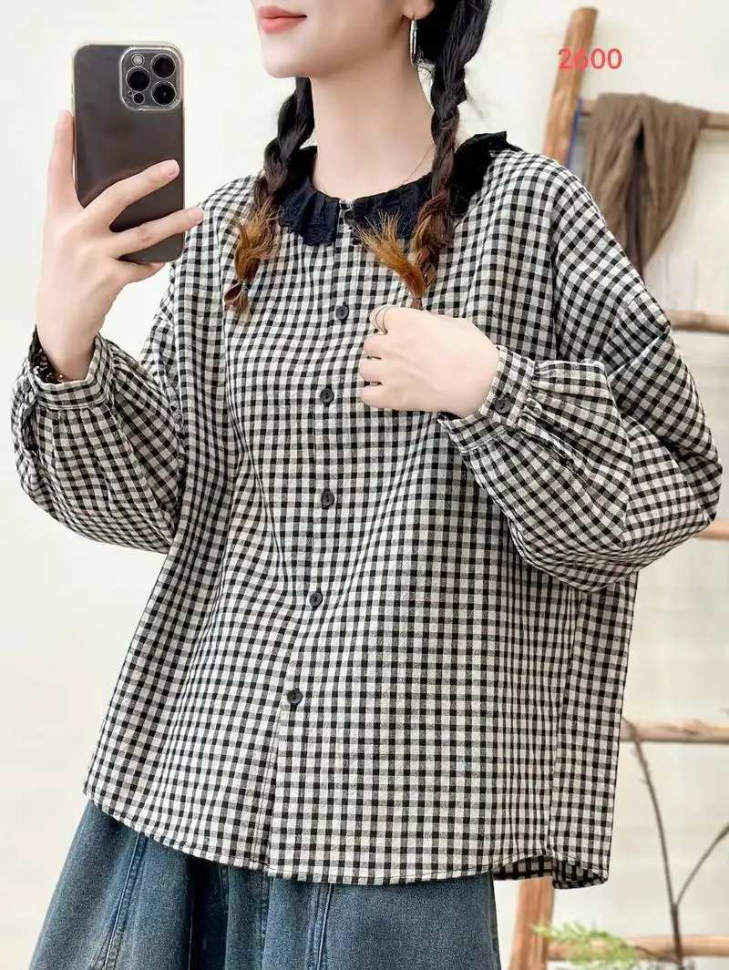 

[Ready Stock] High Quality Women 100% Cotton Blouse Shirt Autumn Checked Lace Lapel Long Sleeve Cozy Plaid Shirts Blouses