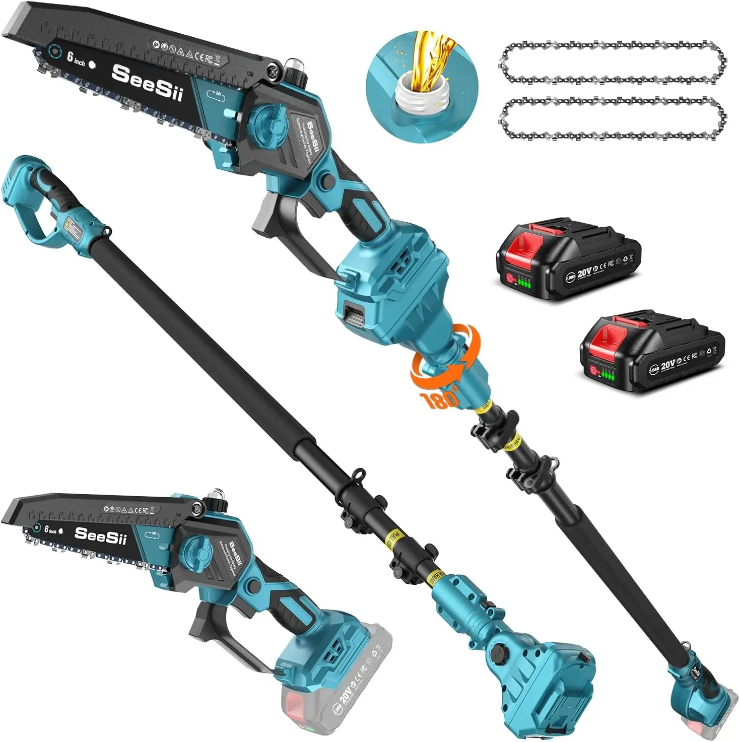 

PS620 2-in-1 Electric Pole Saws: 6 Inch Mini Chainsaw Cordless with Extension Pole, 2Pcs Batteries, Brushless Chain Saw for Limb
