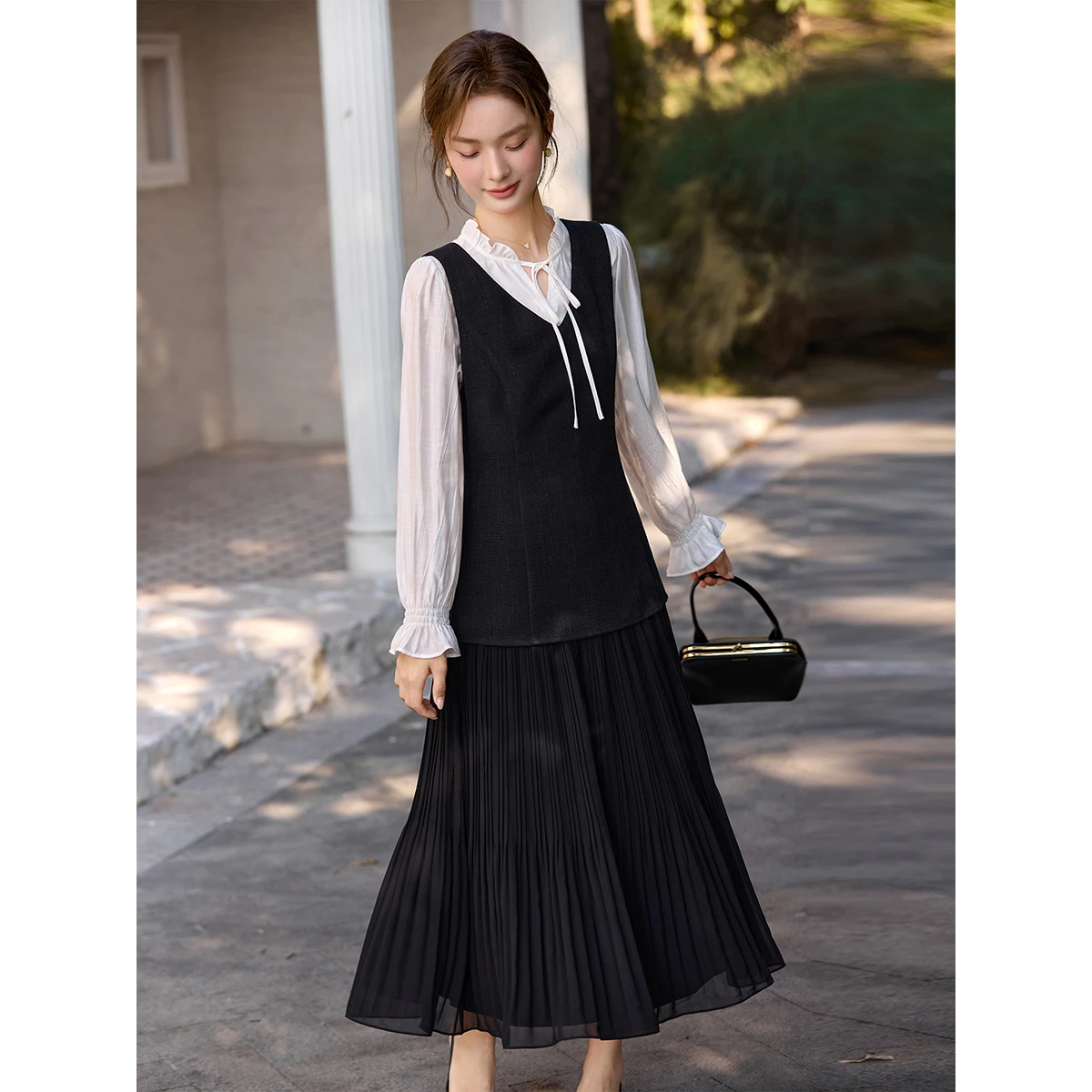 VIMLY Black Sleeveless Dress for Women 2026 Autumn Splice Design Chiffon Long Dress Elegant Office Lady Fashion Clothing A3803