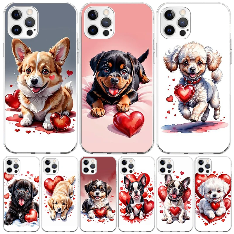 Lovely Puppy Heart Dogs Phone Case For Apple Iphone 11 12 13 Mini 14 15 16 Pro Max 7 Plus X XS XR SE Art Customized Coque Capa