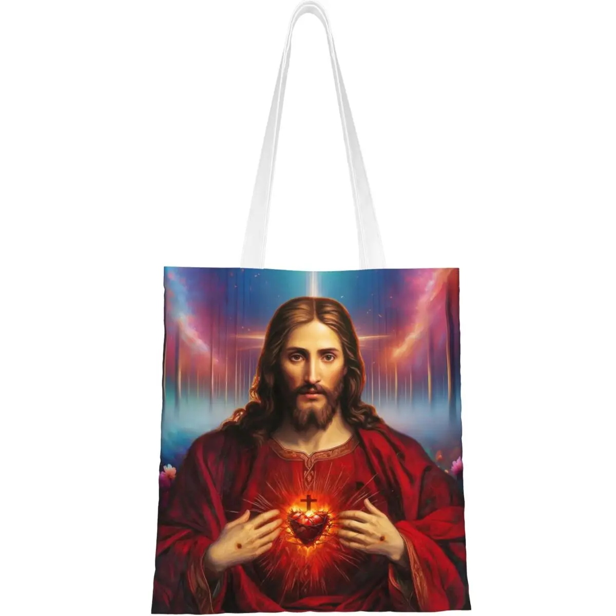 Holy Jesus Christ Sacred Heart Canvas Tote Handbag Religious Catholic Saint Grocery Bags Shopper Bags for Women