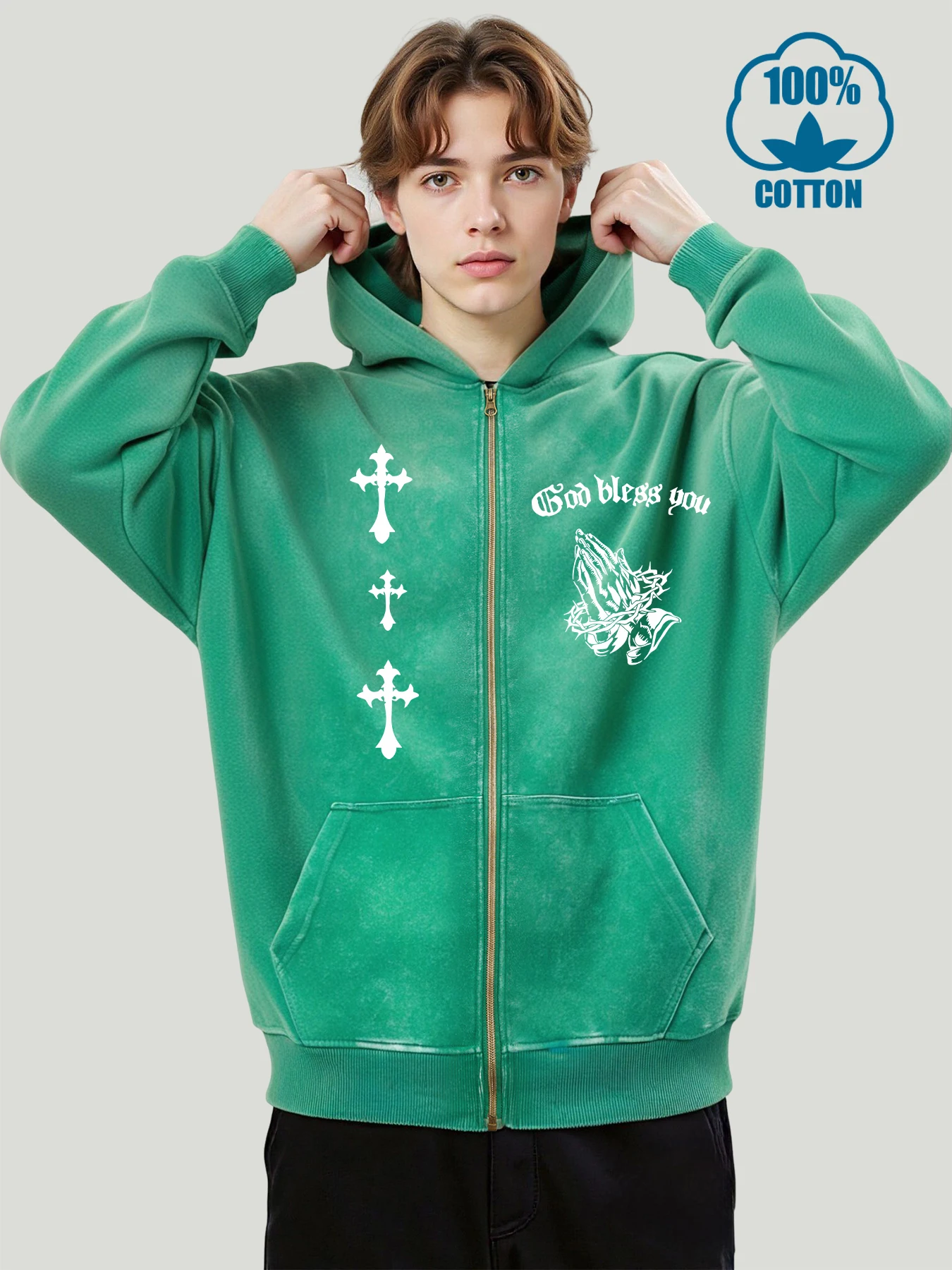 الله يباركك المطبوعة الرجال خمر غسلها قلنسوة بسحاب موضة فضفاضة هودي لينة القطن بلوزات المتضخم ملابس مريحة