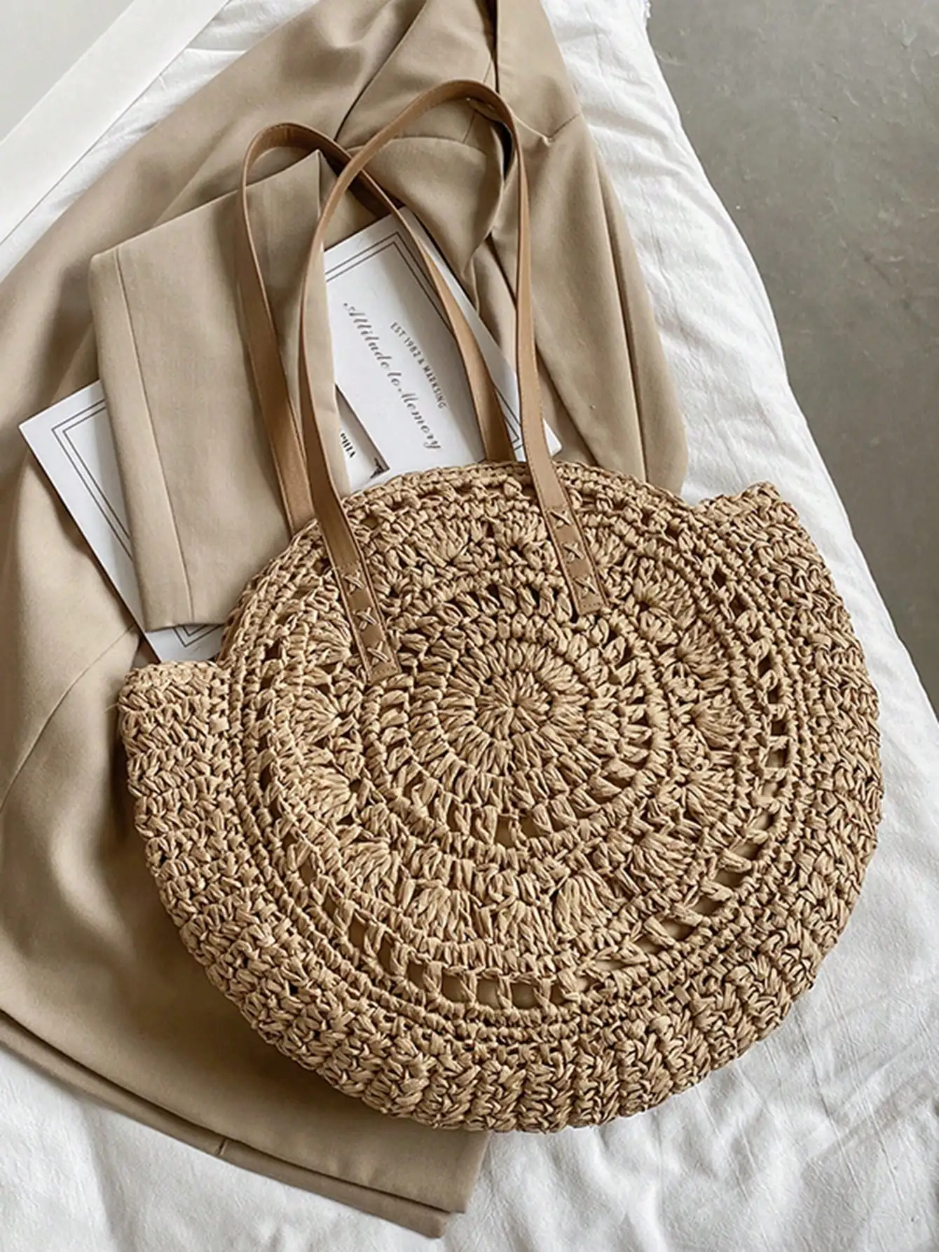 حقيبة يد نسائية دائرية منسوجة ذات سعة كبيرة - تصميم مجوف، مادة خوص، شاطئ/صيفي عصري ضروري لـ #3