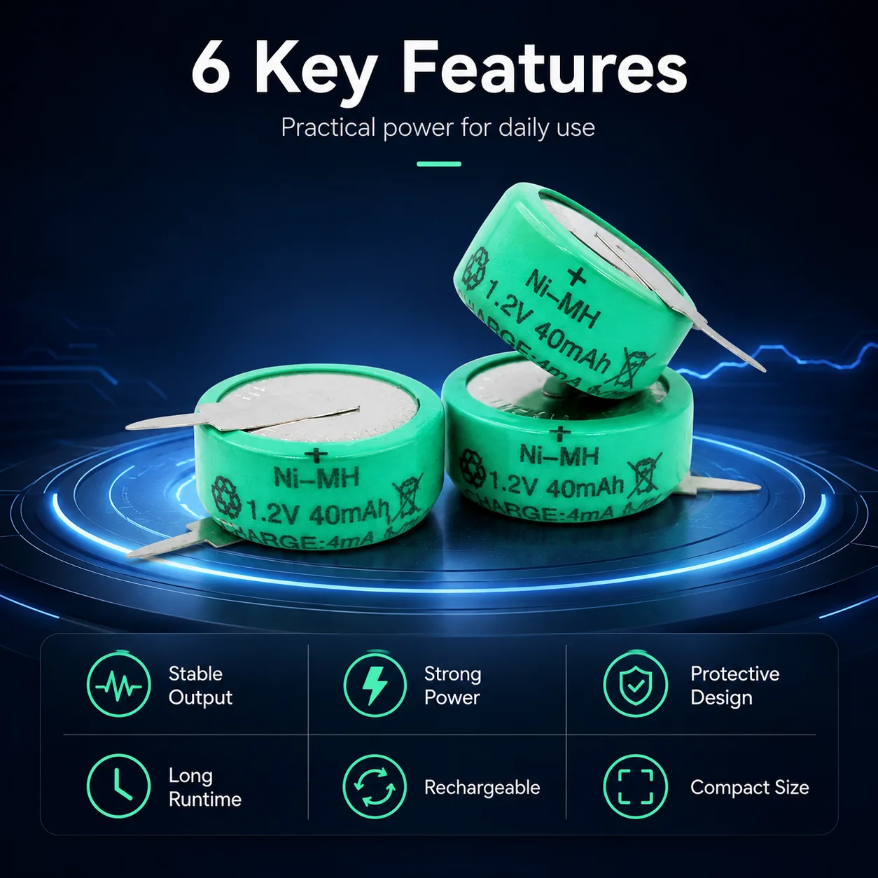 1.2V 80mAh NiMH Button Rechargeable Battery Coin Cell for Solar Garden Light Electronic Toys Small DIY Device Power Supply
