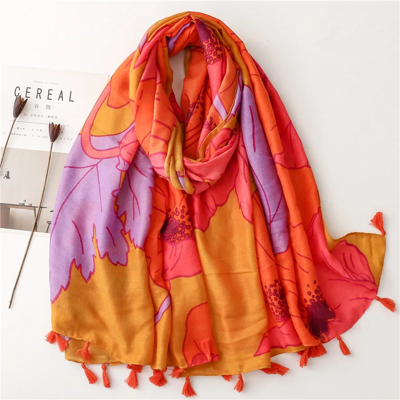 New Soft Cotton and Linen Feel Scarf Spring Summer Retro Bright Orange Flower Silk Scarf Sun Protection Cape Bib Decoration