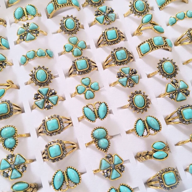 Bohemian Vintage Flower SYN Turquoise Geometric Ring Sets Mixed Random Women Daily Ring Decor Accessories Gifts  Finger Jewelry