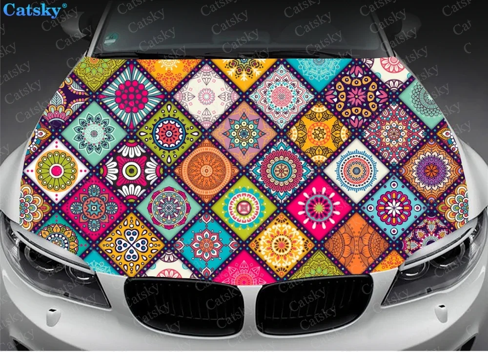 Ethnic Tiles Pattern Car Hood Vinyl Stickers Wrap Vinyl Film Engine Cover Decals Sticker Universal Car Hood Protective Film