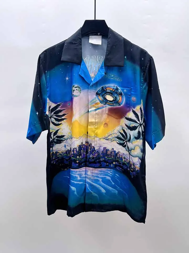 

2025ss Casinoblank Paris Skull Island Print Women Men Silk Short Sleeve Shirts T shirt Oversized Men Turn Down Collar Shirts