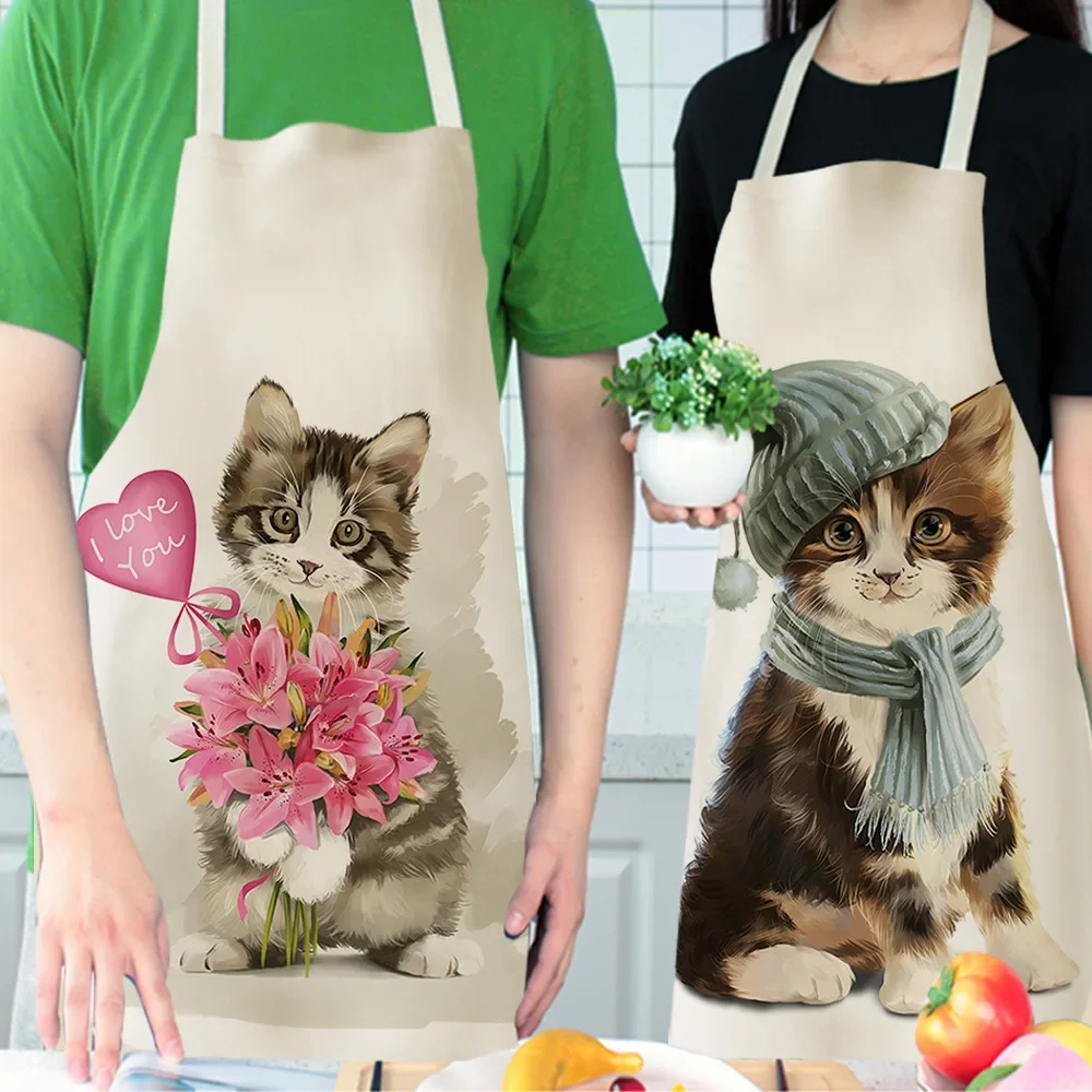 Cute Cat Kitchen Sleeveless Aprons For Women Cotton Linen Bibs Household Cleaning Pinafore Home Cooking Apron 55x68cm