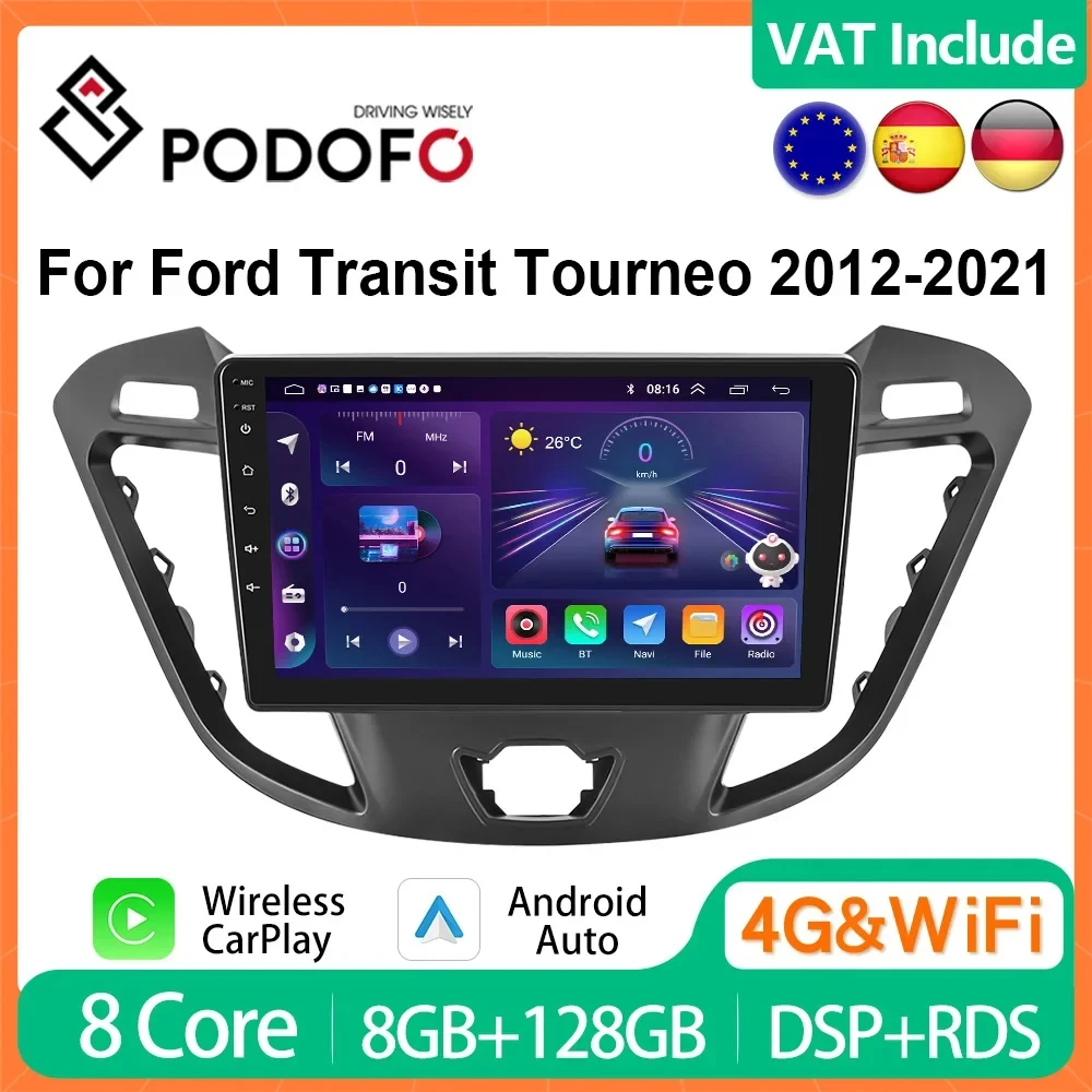 Podofo 4G CarPlay Android Car Radio QLED HD 9in Multimedia Player For Ford Transit Tourneo 2012-2021 Autoradio Stereo Head Unit