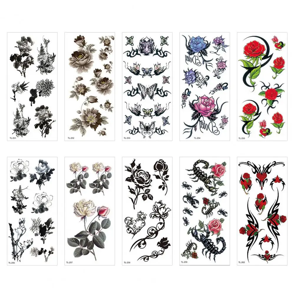 10Pcs Flower Tattoo Stickers Waterproof Eco-friendly Tattoos Rose Blossom Flower Decals Women Temporary Body Art Tattoos