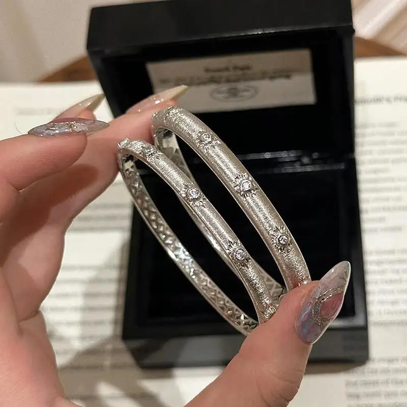 silver 925 Vintage simple style sunflower Brushed bracelet for women inlay diamonds light luxury bangles wedding jewelry gift