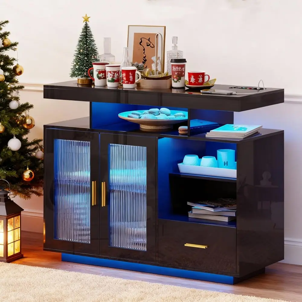 Wood LED Coffee Bar with Wireless Charging Station, Kitchen Storage Coffee Bar Cabinet with 2 Doors and Shelves, RGB Modern Side