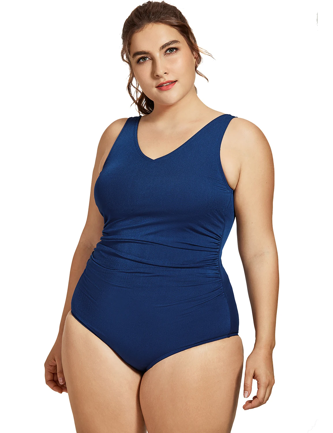 Women\'s Sport Shirred Plus Size Bathing Suits Athletic One Piece Swimsuit  V Neck Swimwear