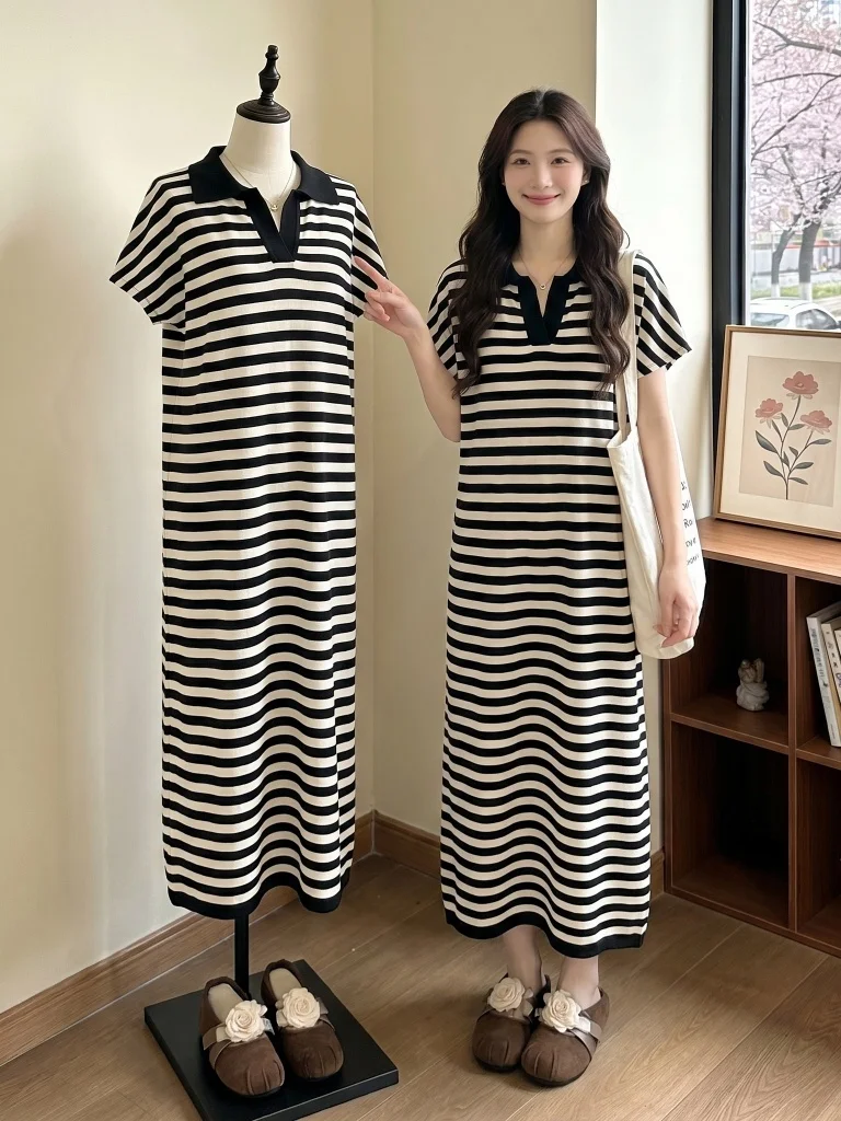 Black White Stripes Collar Maxi Dress Summer New plus Size Lazy Style Casual Straight Tube Skirt Korean Version Polyeste...