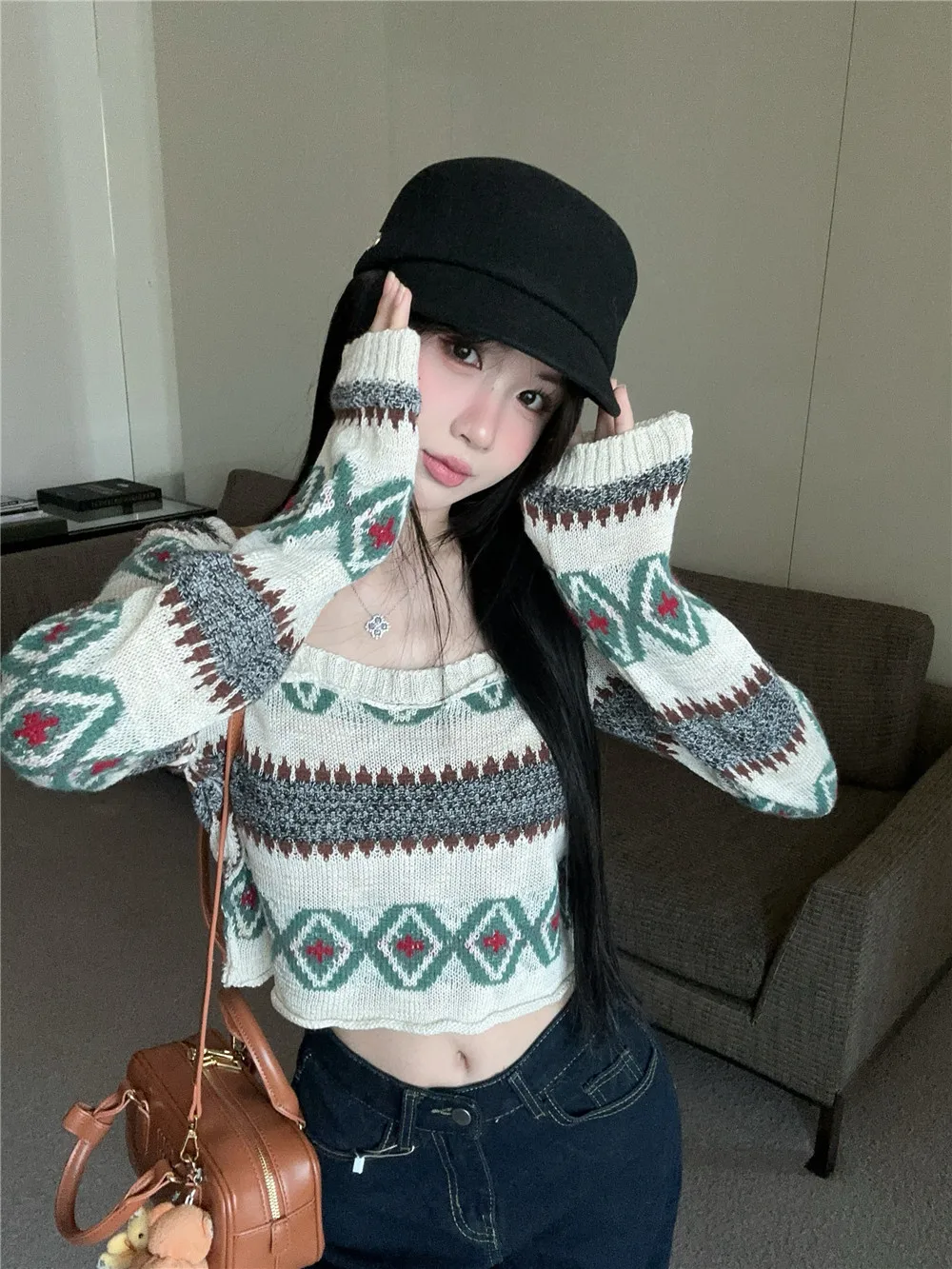 

Feilao Island Square Collar Knitted Sweater Women's ort Sle Base Layer irt Inner Wear Beautiful Sexy Pure Desire Autumn...